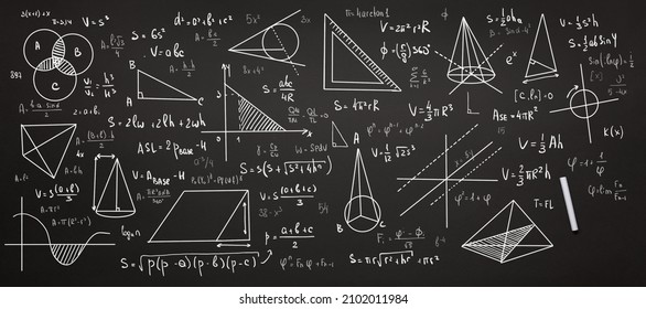 math background, geometric equations, formulas and graphs written in chalk on a blackboard