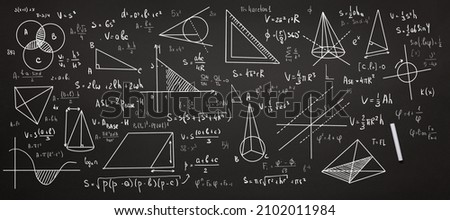 math background, geometric equations, formulas and graphs written in chalk on a blackboard