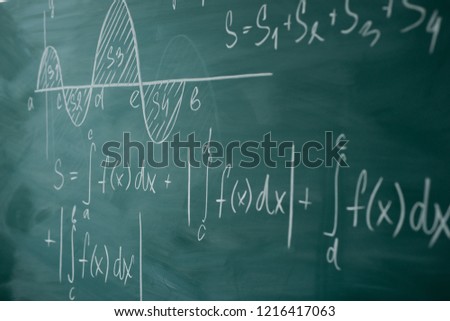 Math class. Algebra. Graph and formulas are written on the school board