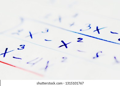 Math Concept. Mathematical Thinking Using The Calculation Formula To Get The Correct Results. Numbers Written On Paper With A Blue Ink Pen.