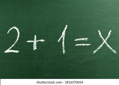 Math equation for the elementary School classes written on the green blackboard. Concept of education and learning