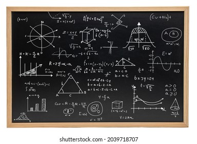 Math Equations Written On A Blackboard - Mathematics And Science Concepts Against A White Background 
