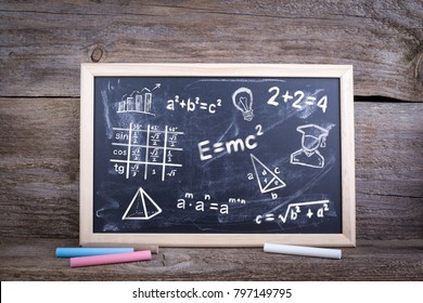 Math Formulas, Education And Knowledge. Chalk Board Background