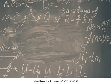 math formulas written in white chalk and copy space on black board, retro toned