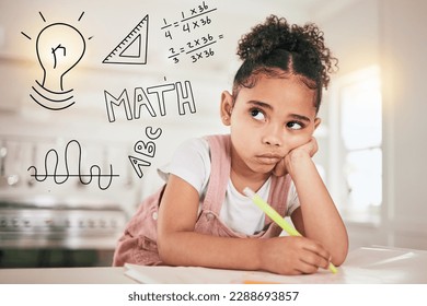 Math homework, education or child thinking of mathematics solution, problem or remote home school. Learning difficulty, ADHD and bored kid contemplating equation numbers for youth development project - Powered by Shutterstock