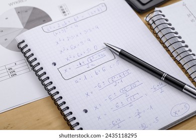 A math notebook with abbreviated multiplication formulas and a solved problem at close range - Powered by Shutterstock