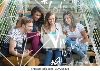 Math problems against smiling students sitting on steps with laptop