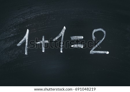 Math simple equation on chalk board. One plus One equals two.