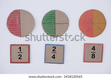 Math teaching materials about fraction. Circle paper to show parts of color separation, white background. Concept, education. DIY craft as teaching aid in Math subject.                                