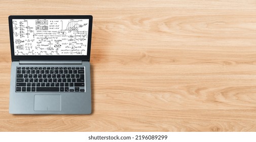 Mathematic equations and modish formula on computer screen showing concept of science and education