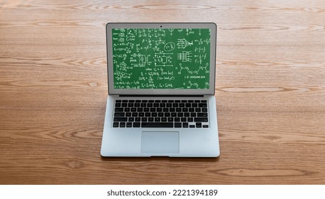 Mathematic equations and modish formula on computer screen showing concept of science and education