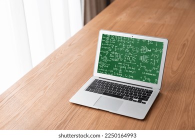 Mathematic equations and modish formula on computer screen showing concept of science and education
