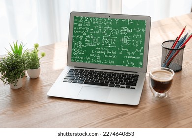 Mathematic equations and modish formula on computer screen showing concept of science and education