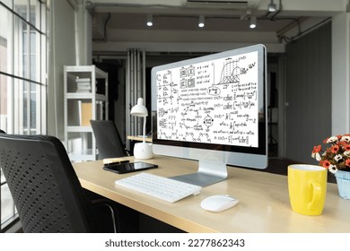 Mathematic equations and modish formula on computer screen showing concept of science and education