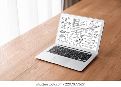 Mathematic equations and modish formula on computer screen showing concept of science and education