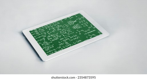 Mathematic equations and modish formula on computer screen showing concept of science and education