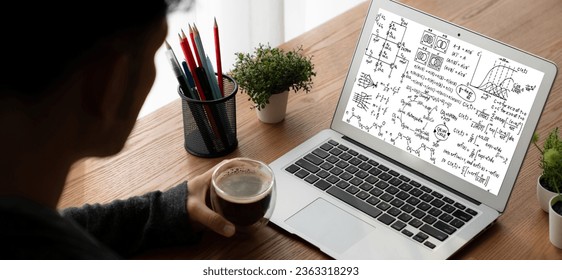 Mathematic equations and modish formula on computer screen showing concept of science and education