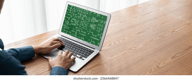 Mathematic equations and modish formula on computer screen showing concept of science and education