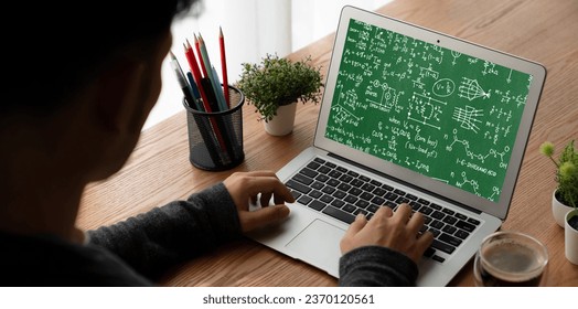 Mathematic equations and modish formula on computer screen showing concept of science and education