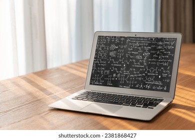 Mathematic equations and modish formula on computer screen showing concept of science and education