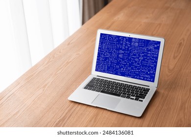 Mathematic equations and modish formula on computer screen showing concept of science and education