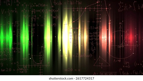 Mathematical equations and diagrams against colorful light trails on black background. business technology background concept