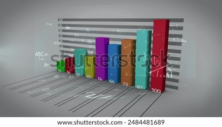 Mathematical equations floating over statistical data processing on grey background. statistics and mathematics research technology concept