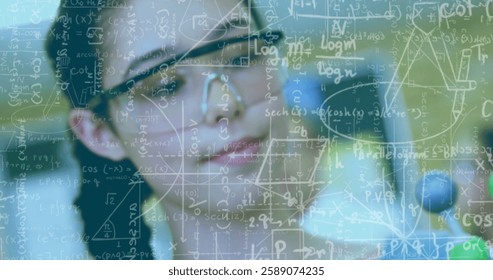 Mathematical equations and formulas image over person working in laboratory. Science, research, mathematics, scientist, experiment, data