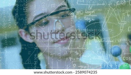 Mathematical equations and formulas image over person working in laboratory. Science, research, mathematics, scientist, experiment, data