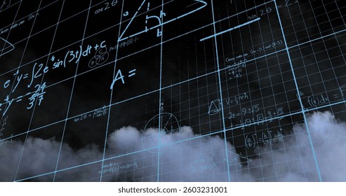 Mathematical equations over grid network against smoke effect on black background. mathematical research technology concept