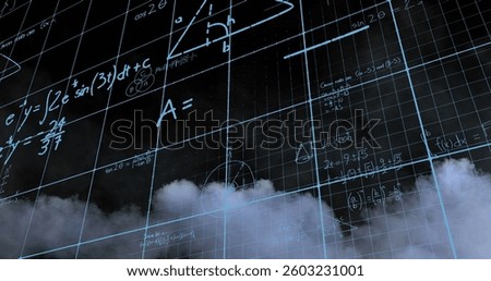 Mathematical equations over grid network against smoke effect on black background. mathematical research technology concept
