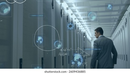 Mathematical equations and round scanners against man walking in computer server room. cyber security and computing technology concept