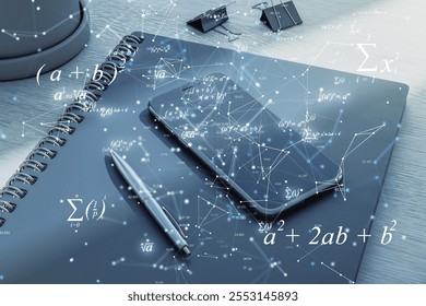 Mathematical formulas and geometric graphs overlay on a notebook, pen, and tablet on a desk, symbolizing science and technology concepts