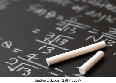 Mathematical operations and trigonometry mathematic formula written with chalk on the blackboard