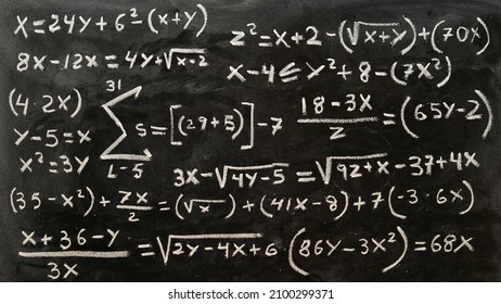 Mathematical operations written by hand with a chalk on the blackboard - Shutterstock ID 2100299371