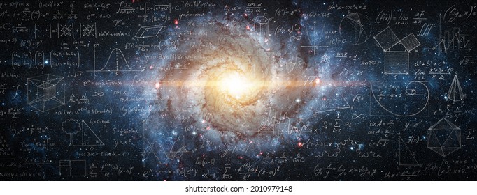 Mathematische und physikalische Formeln vor dem Hintergrund einer Galaxie im Universum. Weltraumhintergrund zum Thema Wissenschaft und Bildung. Elemente dieses von der NASA bereitgestellten Bildes.