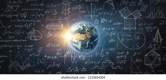 Mathematical and physical formulas against background of a Earth in universe. Space Background on theme of science and education. Elements of this image furnished by NASA. - Powered by Shutterstock - Get 15% off with code: PIKWIZARD15