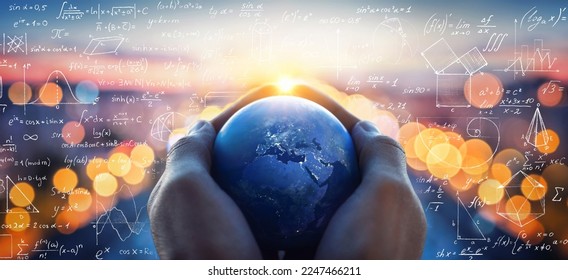 Mathematical and physical formulas against background of a Earth in universe. Space Background on theme of science and education. Elements of this image furnished by NASA.