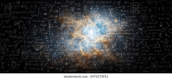 Mathematical and physical formulas against the background of a galaxy in universe. Space Background on the theme of science and education. Elements of this image furnished by NASA.