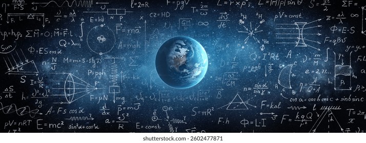 Mathematical and physical formulas against background of a Earth in universe. Space Background on theme of science and education. Elements of this image furnished by NASA.