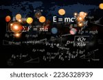 Mathematical and physics equations of Albert Einstein and Sir Isaac Newton and other equations on black background.