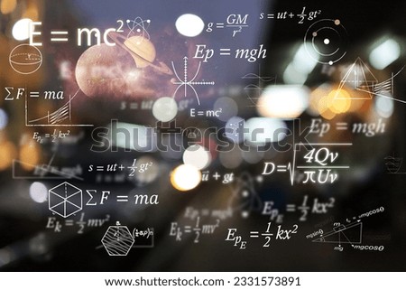 Mathematical and physics equations of Albert Einstein and Sir Isaac Newton and other equations on black background.