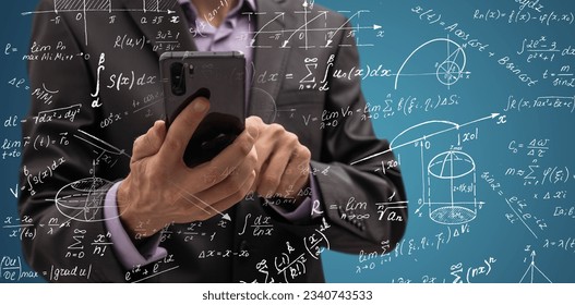 mathematicians concept. Handsome man thinking on blue background, graphic image idea, man mathematicians are calculating with technology smartphone in a financial company  - Powered by Shutterstock