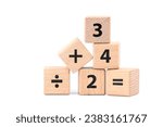 Mathematics basic proposition, numbers and operation signs in wood cubes isolated on white background