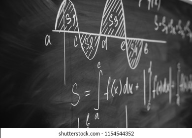 Mathematics function integra graph formulas on the chalkboard.