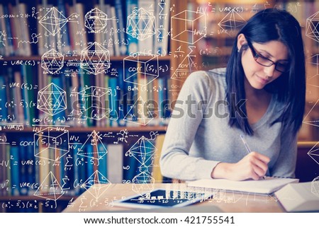Maths against woman studying in the library