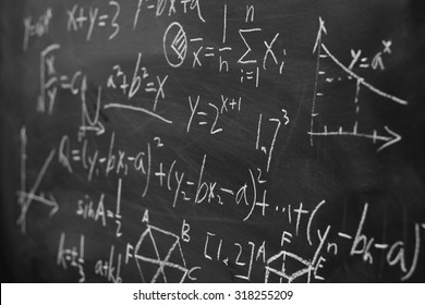 Maths formulas written by white chalk on the blackboard background.