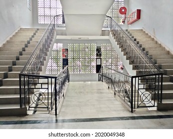 Mathura, Uttar Pradesh India- July 25 2021: Big Indoor Staircase At College Hostel Made Up Of White Marble Stone.