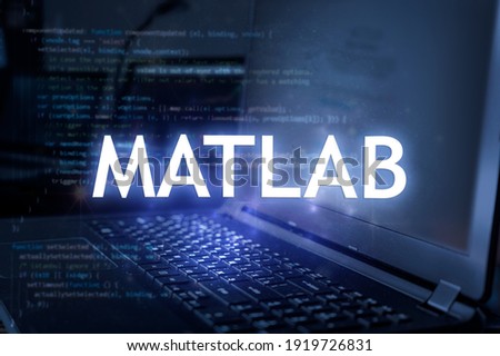 MATLAB inscription against laptop and code background. Learn programming language, computer courses, training. 
