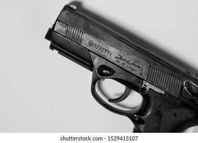 MATLOCK, UNITED KINGDOM, 13th October, 2019: Fake Bruni REPLICA Beretta 8mm Model 92 Full AUTO Blank Firing Pistol Or Handgun Prop